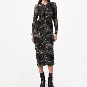 Allsaints KEIKO MESH GATHERED V-NECK MIDI DRESS gray snake sz 0 XS